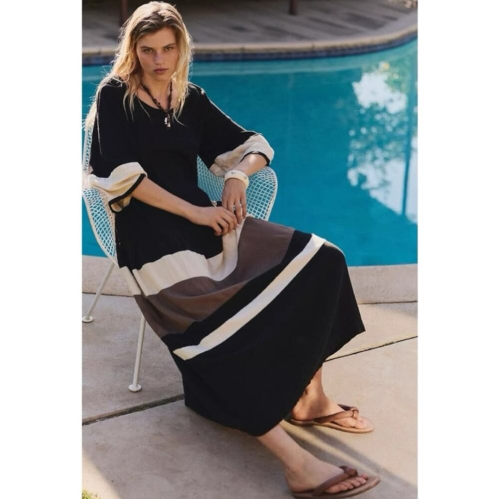 Free People Bohemian Manda Midi Maxi Dress Black Combo Size Medium NWT Linen